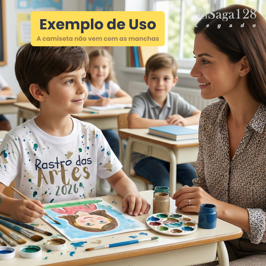 Exemplo de uso contextualizado da camiseta infantil Rastro das Artes