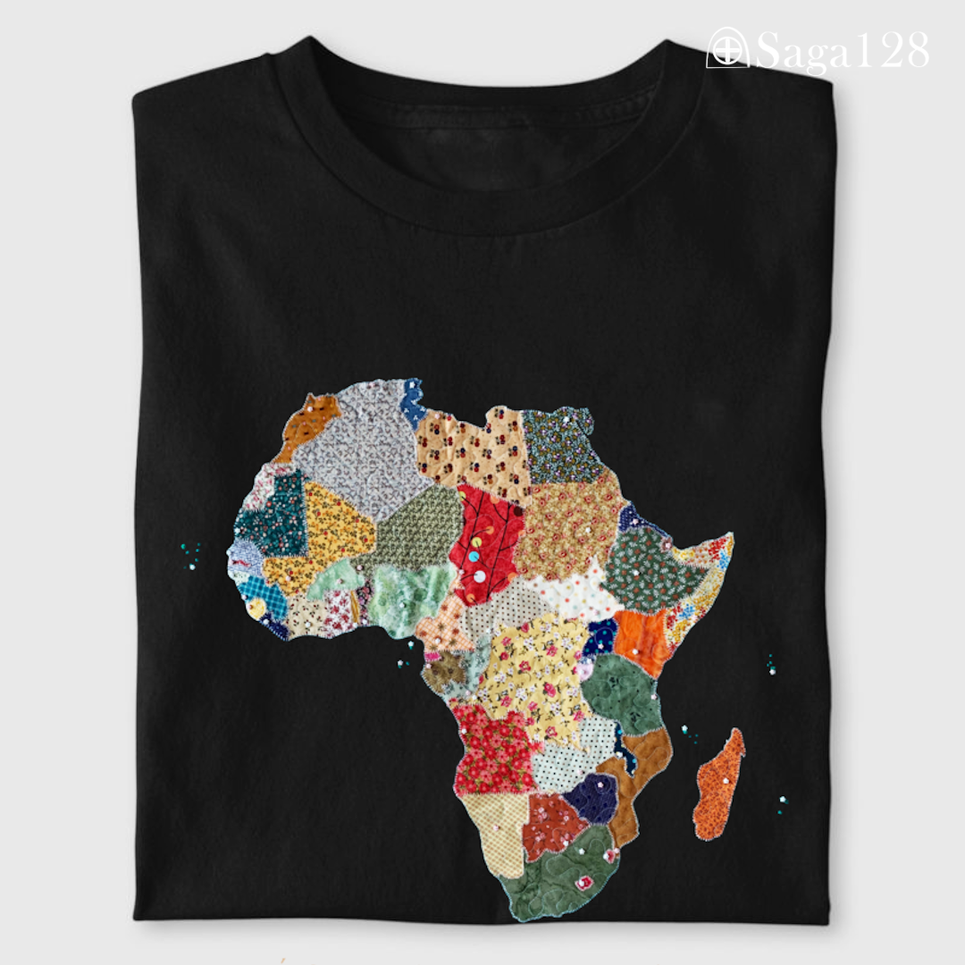 Camiseta feminina premium cristã na cor preta com estampa fotográfica de mapa da África em quilt e frase “África dos meus sonhos”