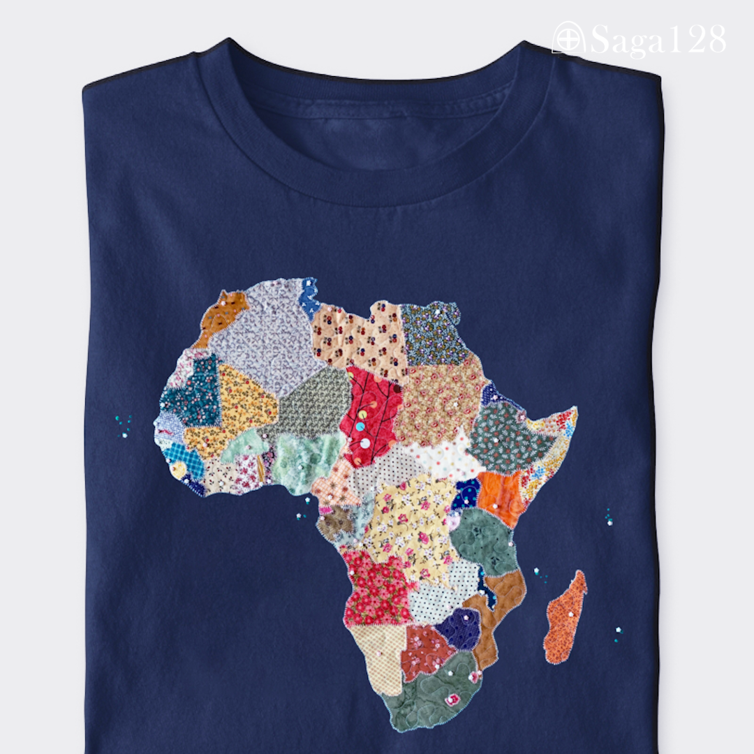 Camiseta feminina premium cristã na cor azul com estampa fotográfica de mapa da África em quilt e frase “África dos meus sonhos”