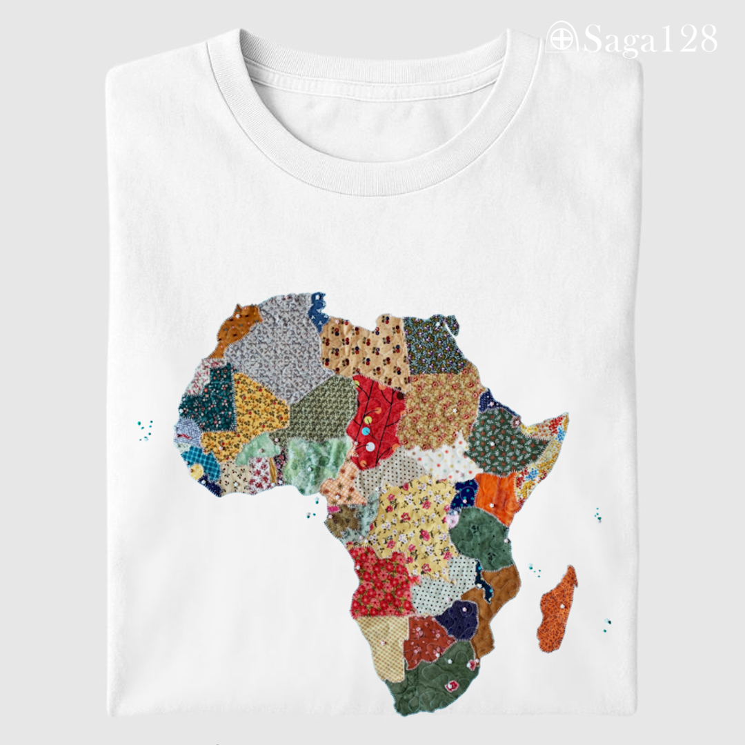 Camiseta feminina premium cristã na cor branca com estampa fotográfica de mapa da África em quilt e frase “África dos meus sonhos”