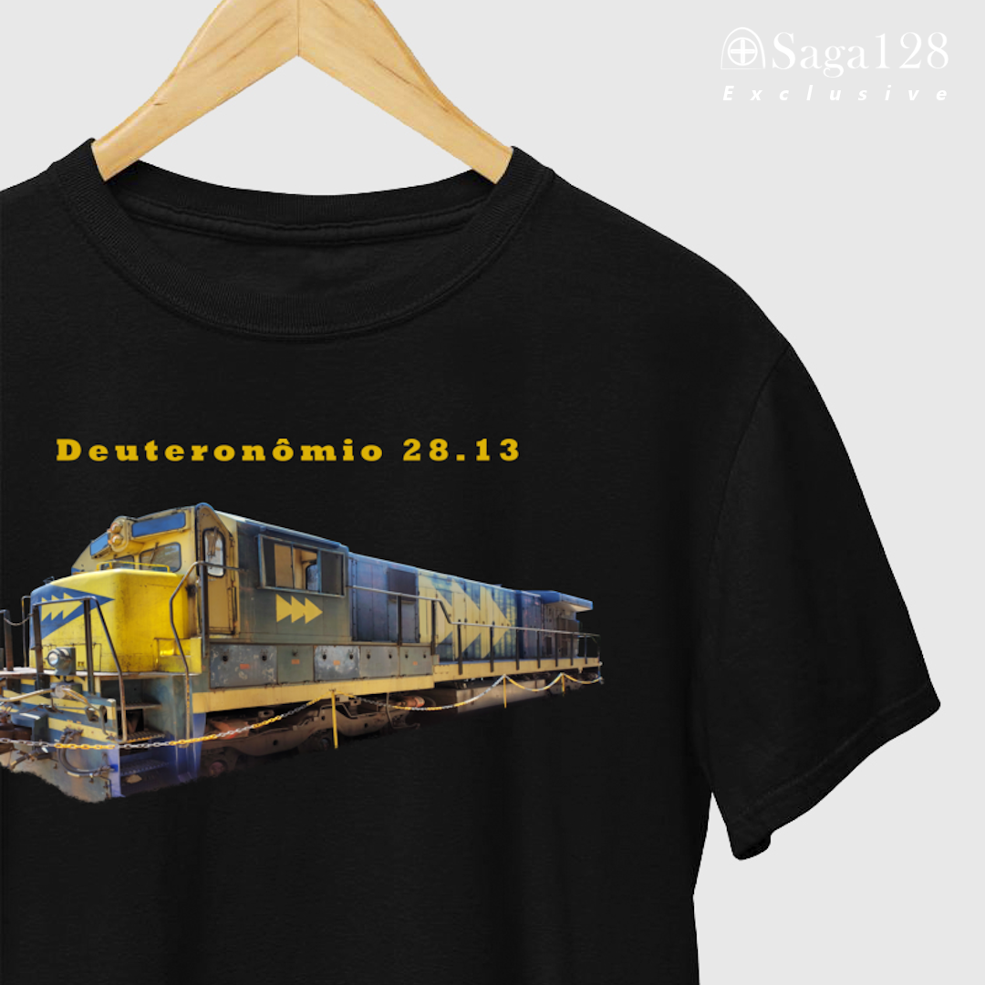 Camiseta Exclusive cristã preta Dt 28.13 em algodão peruano Tanguis com fotografia de locomotiva