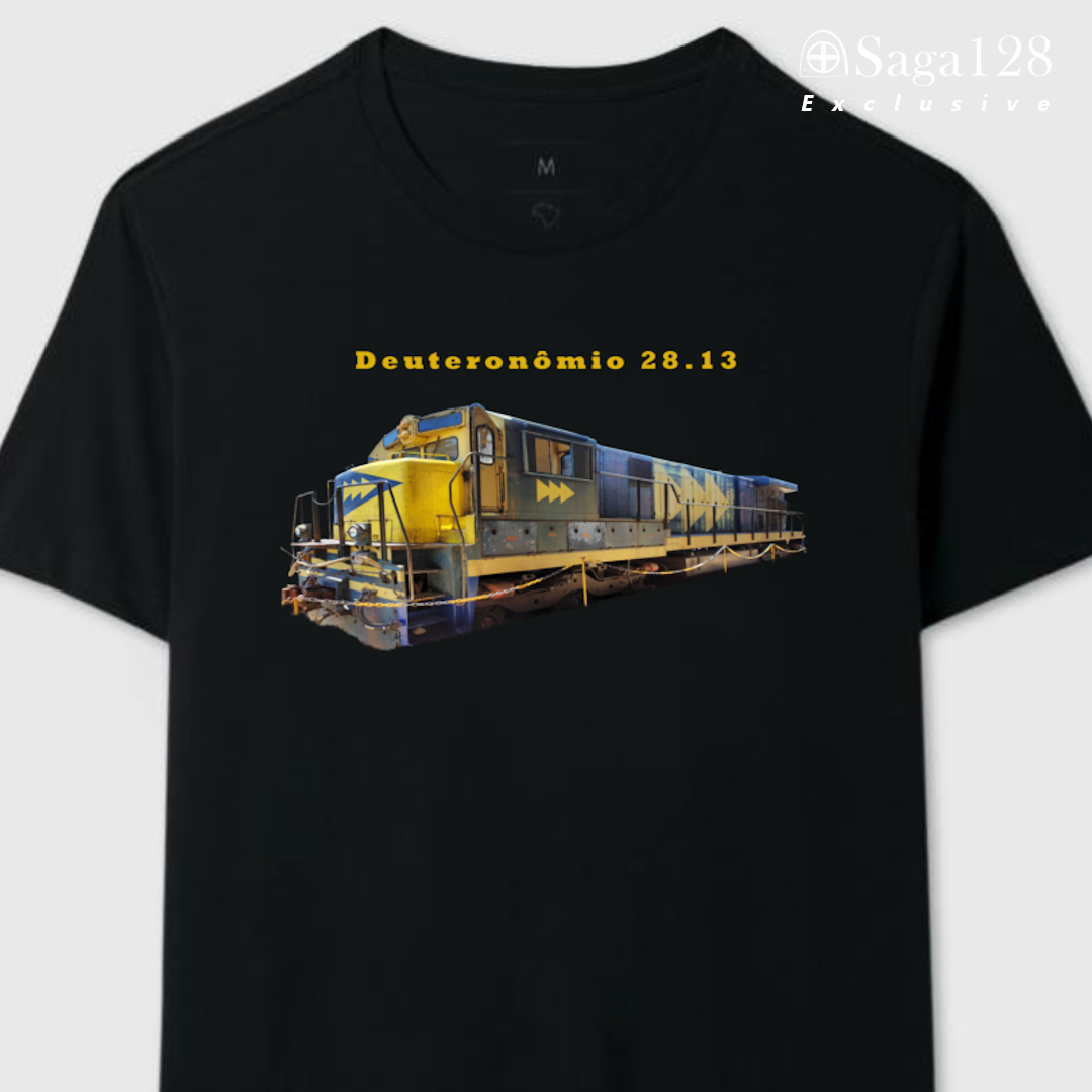Camiseta Exclusive cristã preta Dt 28.13 em algodão peruano Tanguis com fotografia de locomotiva