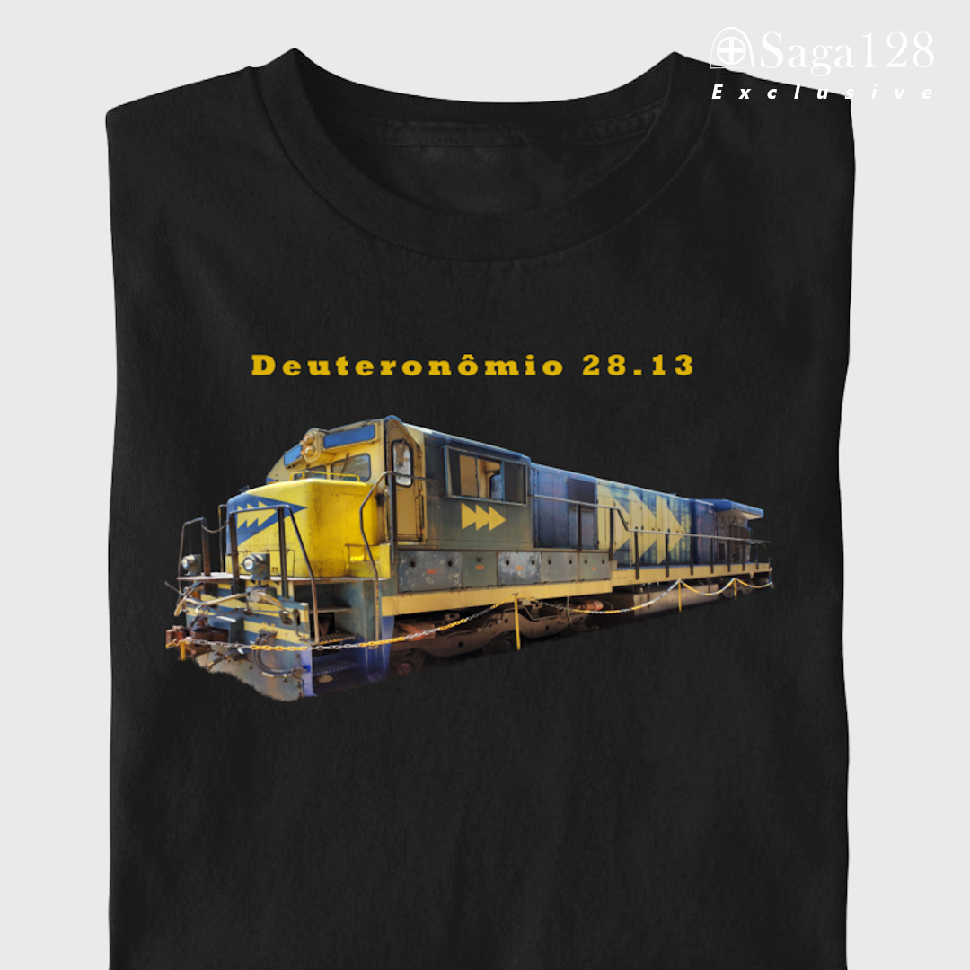 Camiseta Exclusive cristã preta Dt 28.13 em algodão peruano Tanguis com fotografia de locomotiva