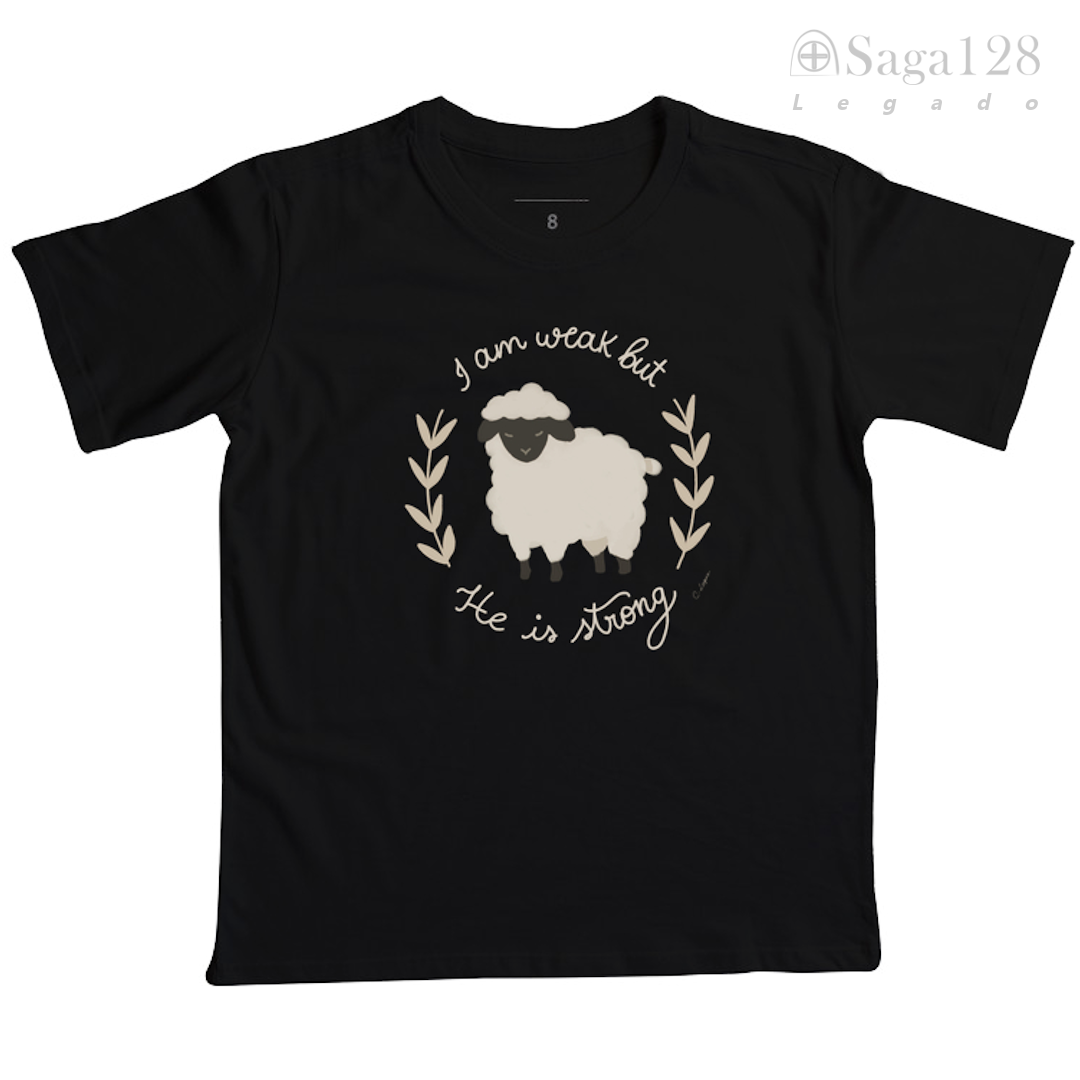 Camiseta cristã infantil feminina preta 'He is Strong'