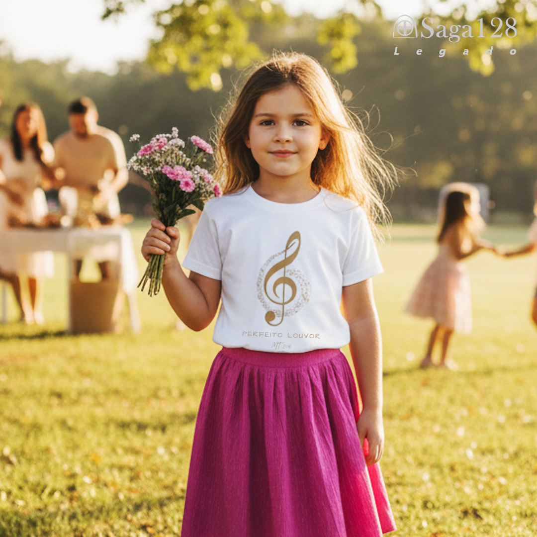 Camiseta branca infantil cristã com tema musical 'Perfeito Louvor'