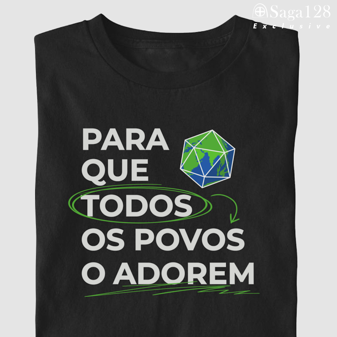 Camiseta Perspectivas Brasil Exclusive – estampa frontal “Para que todos os povos o adorem”, em algodão peruano.