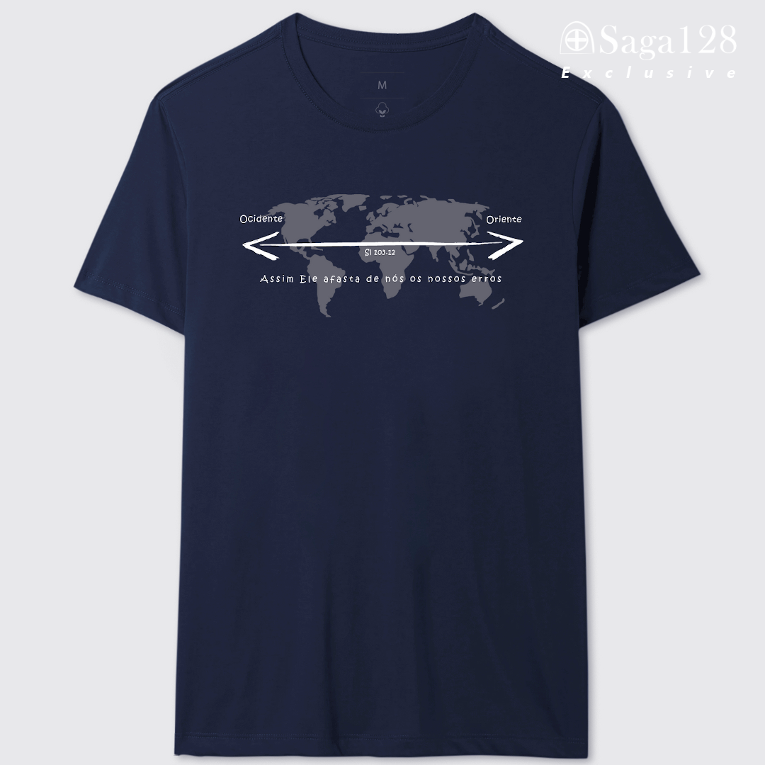 Camiseta cristã masculina azul com estampa do Salmo 103.12 e mapa mundi em algodão peruano – linha exclusive