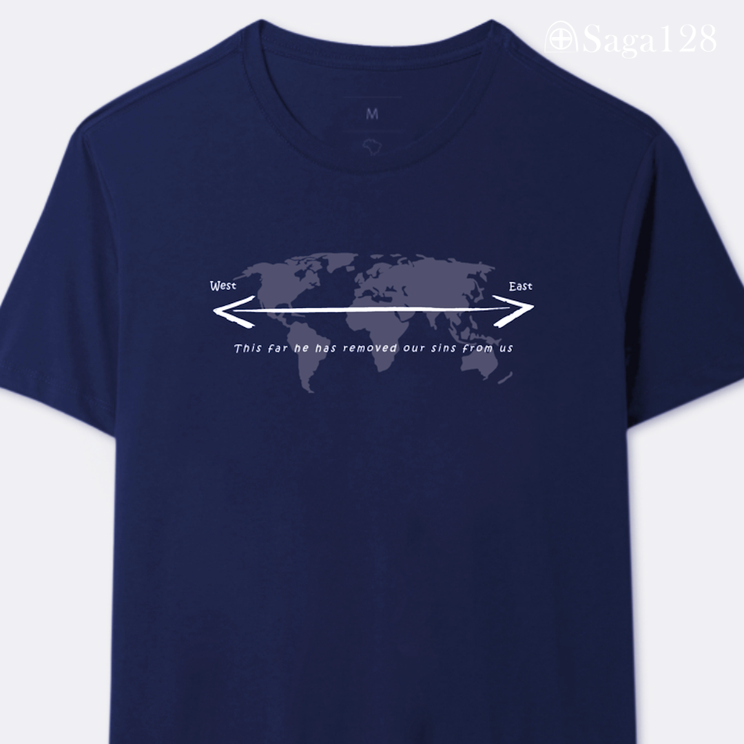 Camiseta missionária azul Salmo 103:12 em inglês – edição especial com algodão premium.