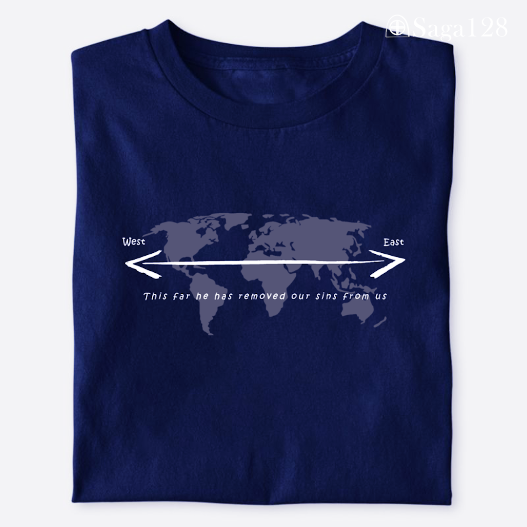 Camiseta missionária azul dobrada Salmo 103:12 em inglês – edição especial com algodão premium.