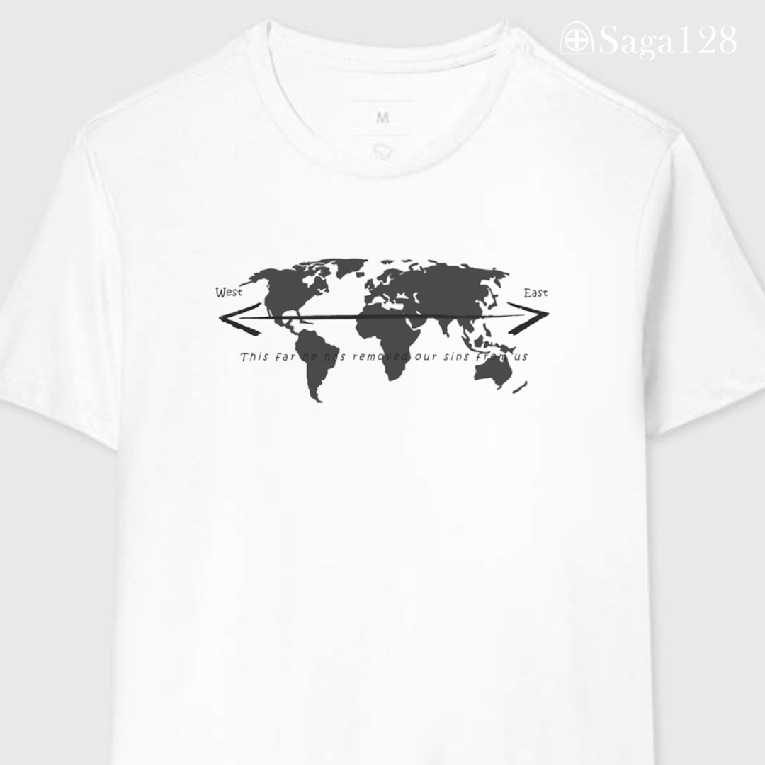 Camiseta missionária branca Salmo 103:12 em inglês – edição especial com algodão premium.