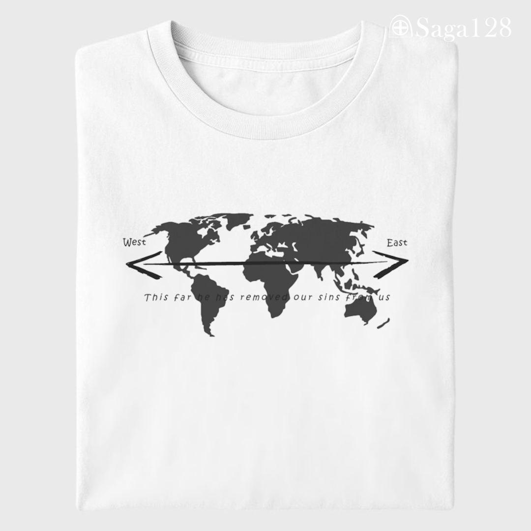Camiseta missionária branca dobrada Salmo 103:12 em inglês – edição especial com algodão premium.