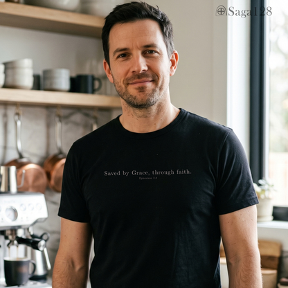 Homem com camiseta preta da Saga128 sobre a salvação pela graça.