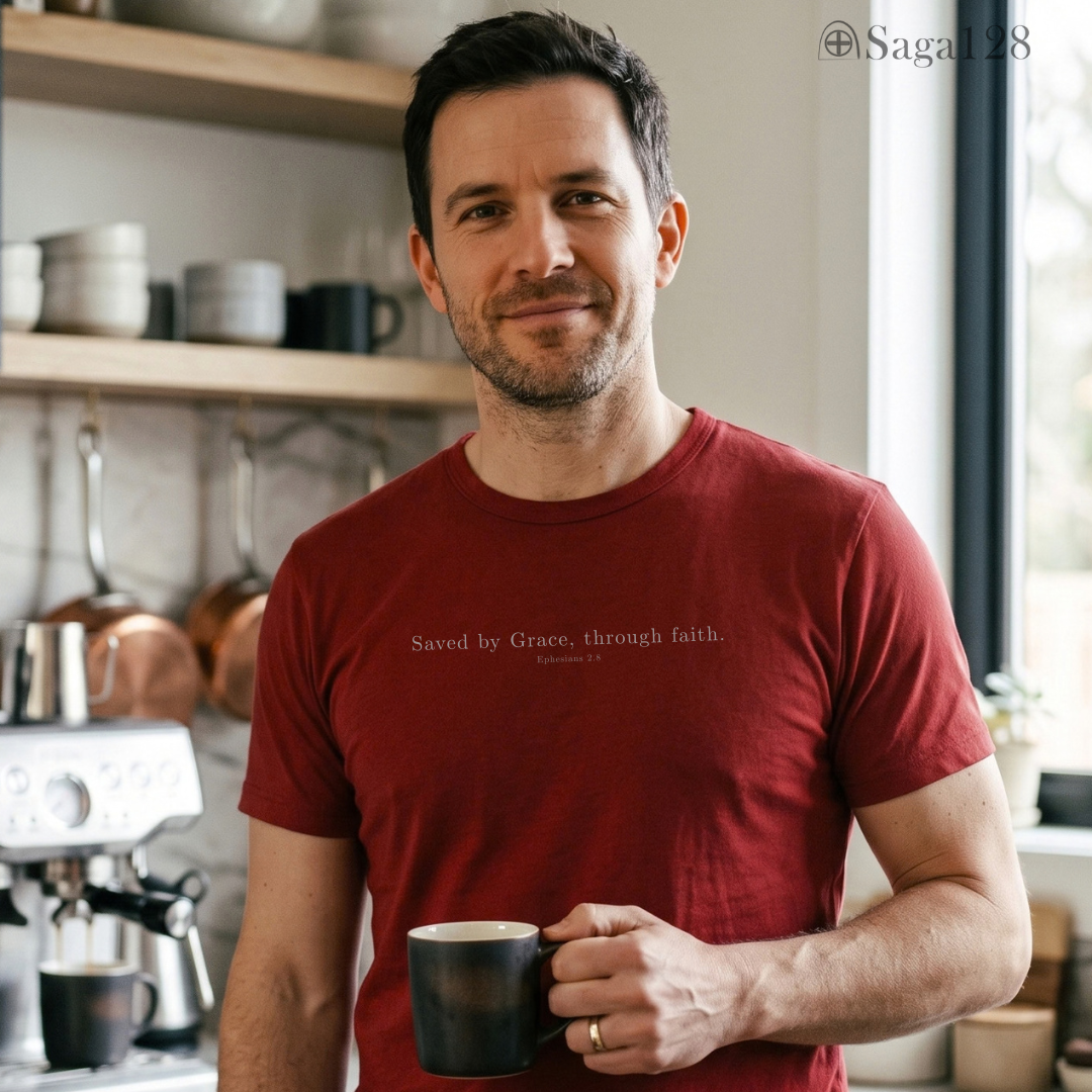 Homem com camiseta vinho da Saga128 sobre a salvação pela graça.