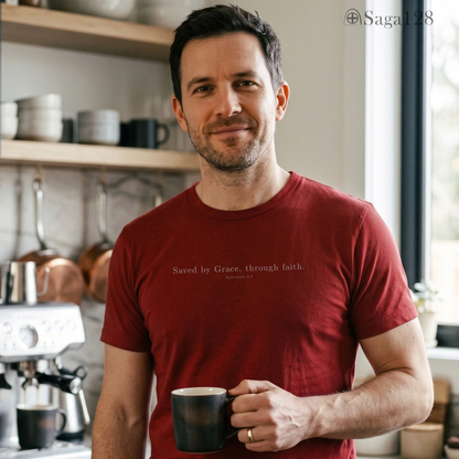 Homem com camiseta vinho da Saga128 sobre a salvação pela graça.