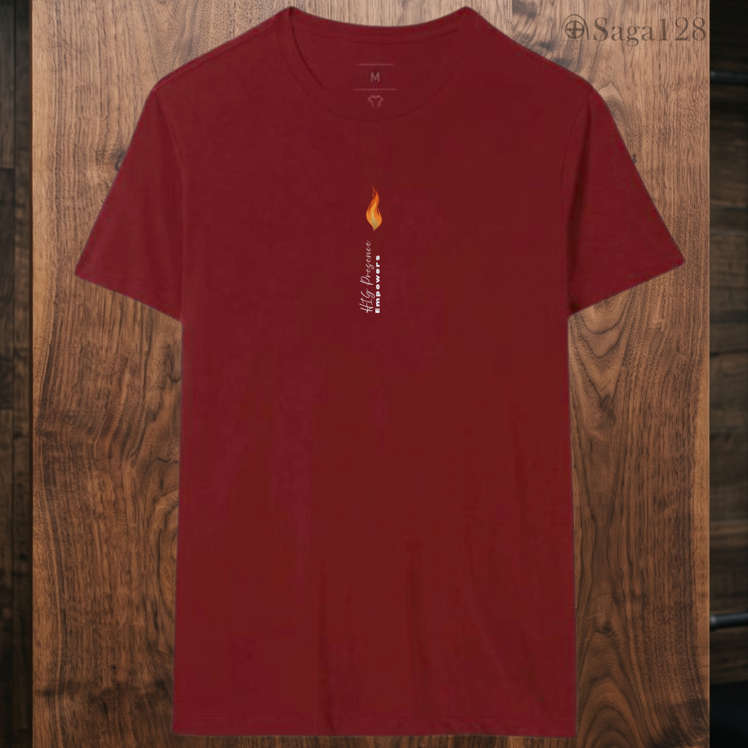 Camiseta vinho da Saga128 sobre a presença de Deus.