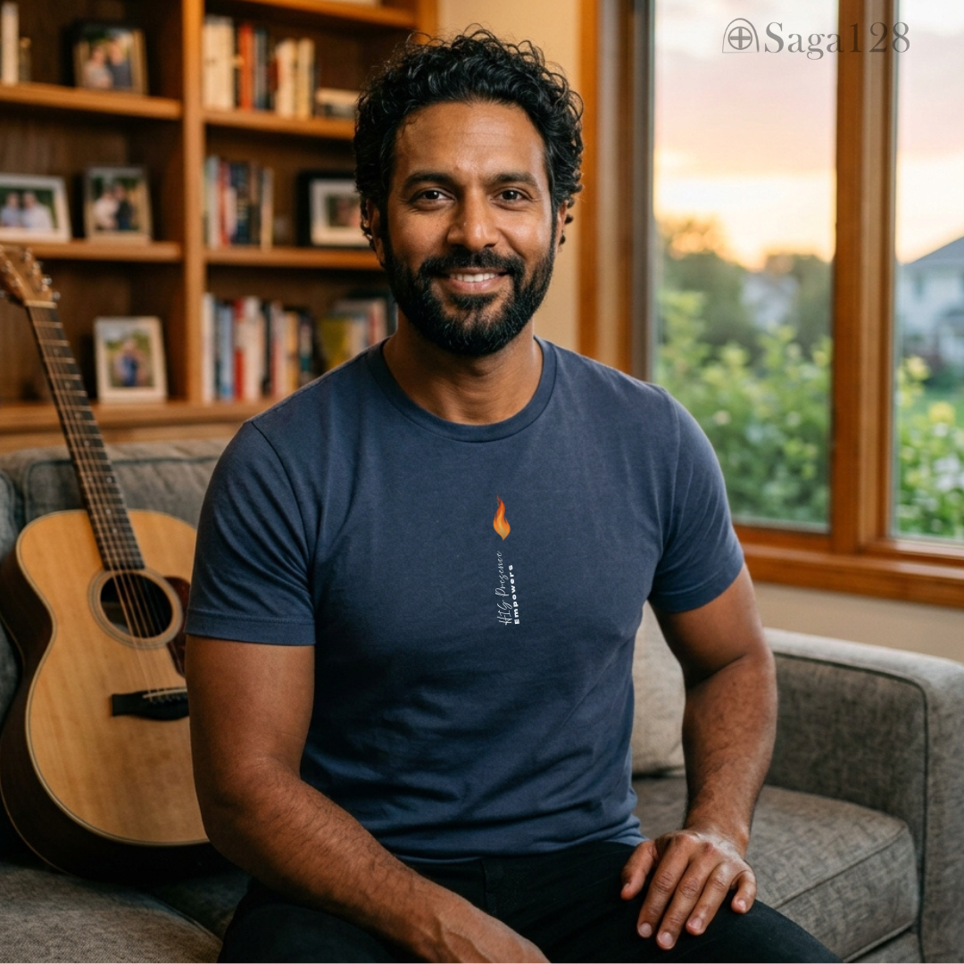 Homem com camiseta azul da Saga128 sobre a presença de Deus.
