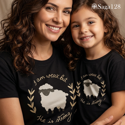 Mulher com camiseta feminina e criança com camiseta infantil, ambas com temática de ovelha, associando a delicadeza com a segurança do poder de Deus.