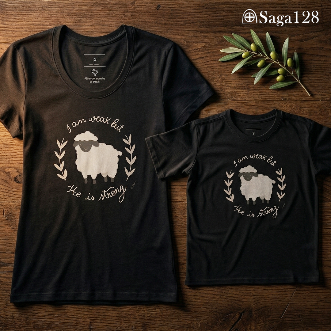Combo de camiseta feminina e  camiseta infantil, ambas com temática de ovelha, associando a delicadeza com a segurança do poder de Deus.