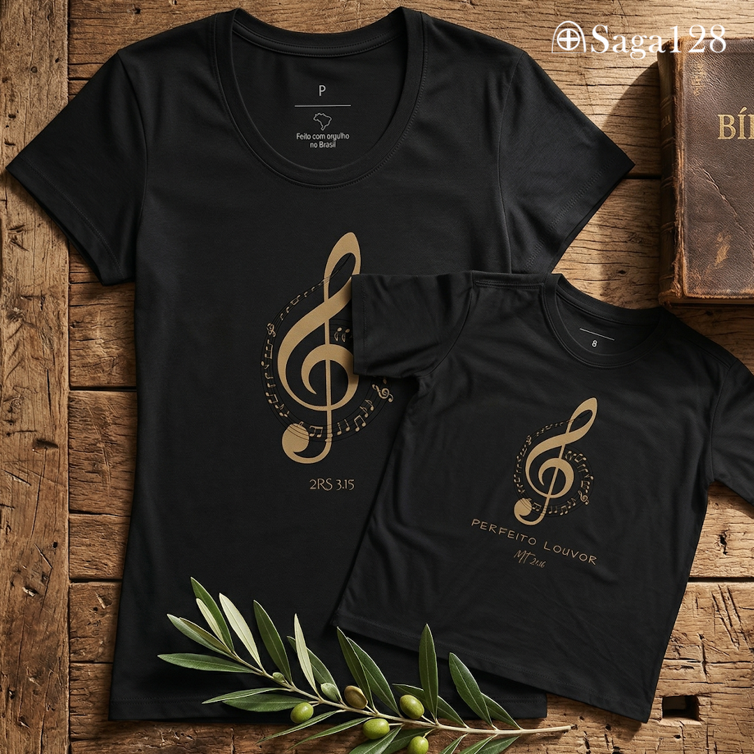 Camiseta cristã feminina adulta e infantil unissex, ambas com temática de louvor e adoração.