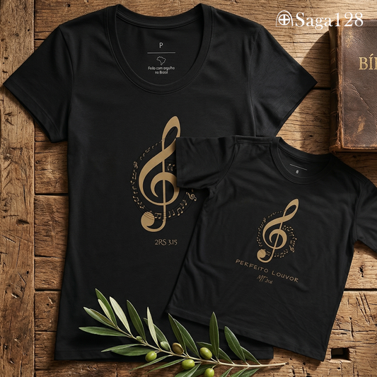 Camiseta cristã feminina adulta e infantil unissex, ambas com temática de louvor e adoração.