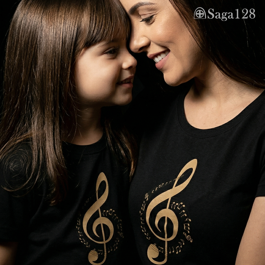 Mamãe e filha pequena vestindo a camiseta cristã preta com temática de louvor e adoração.