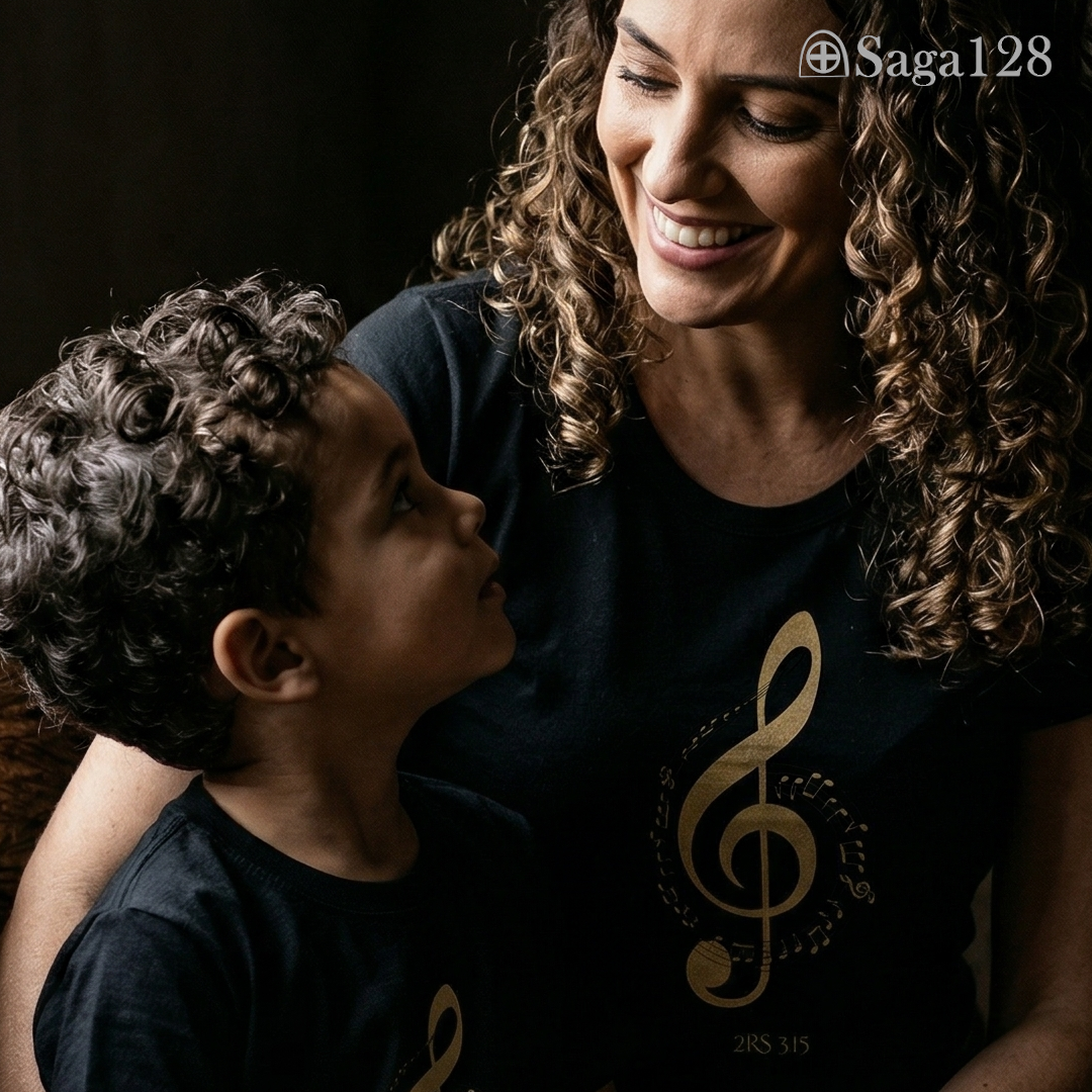 Mamãe e filho pequeno vestindo a camiseta cristã preta com temática de louvor e adoração.