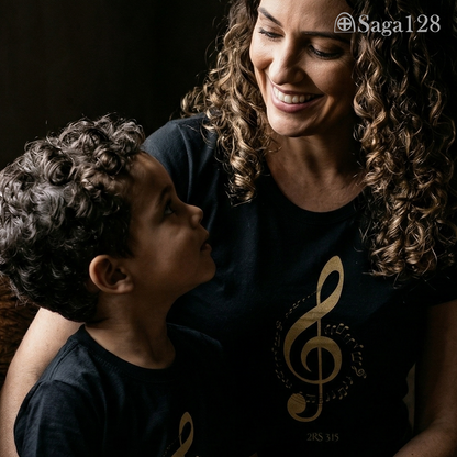 Mamãe e filho pequeno vestindo a camiseta cristã preta com temática de louvor e adoração.