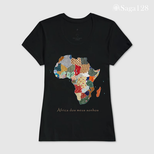 Camiseta feminina cristã na cor preta com estampa fotográfica de mapa da África em quilt e frase “África dos meus sonhos”, corte feminino | Saga128