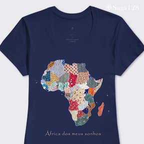 Camiseta feminina premium cristã na cor azul com estampa fotográfica de mapa da África em quilt e frase “África dos meus sonhos” - corte feminino