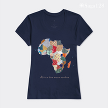 Camiseta feminina premium cristã na cor azul com estampa fotográfica de mapa da África em quilt e frase “África dos meus sonhos” - corte feminino