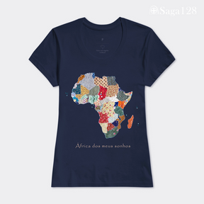 Camiseta feminina premium cristã na cor azul com estampa fotográfica de mapa da África em quilt e frase “África dos meus sonhos” - corte feminino