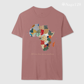 Camiseta feminina premium cristã na cor branca com estampa fotográfica de mapa da África em quilt e frase “África dos meus sonhos” - corte reto