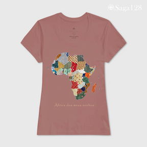 Camiseta feminina premium cristã na cor rosa com estampa fotográfica de mapa da África em quilt e frase “África dos meus sonhos” - corte feminino