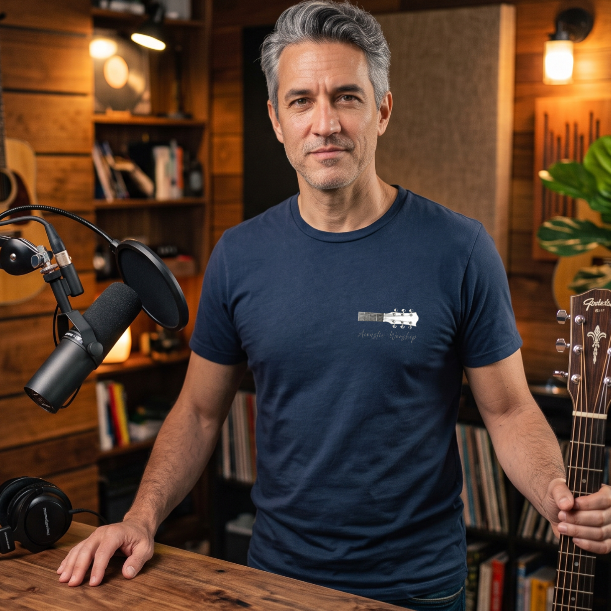 Homem com camiseta azul da Saga128 para quem gosta de louvor acústico.