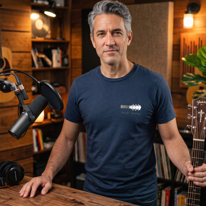 Homem com camiseta azul da Saga128 para quem gosta de louvor acústico.
