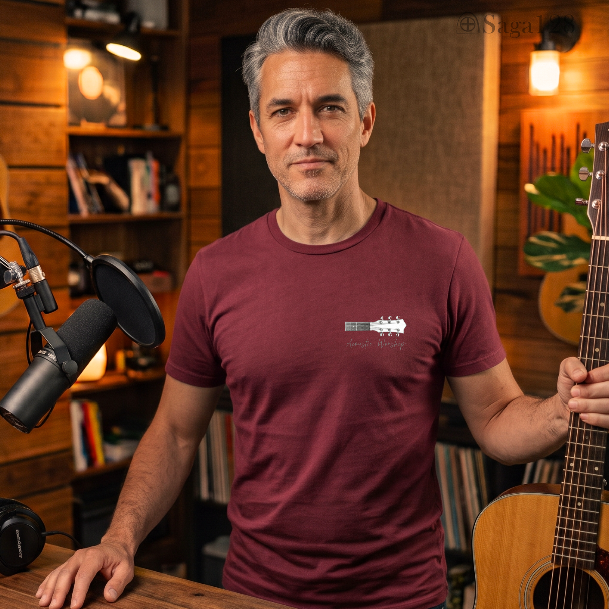Homem com camiseta vinho da Saga128 para quem gosta de louvor acústico.