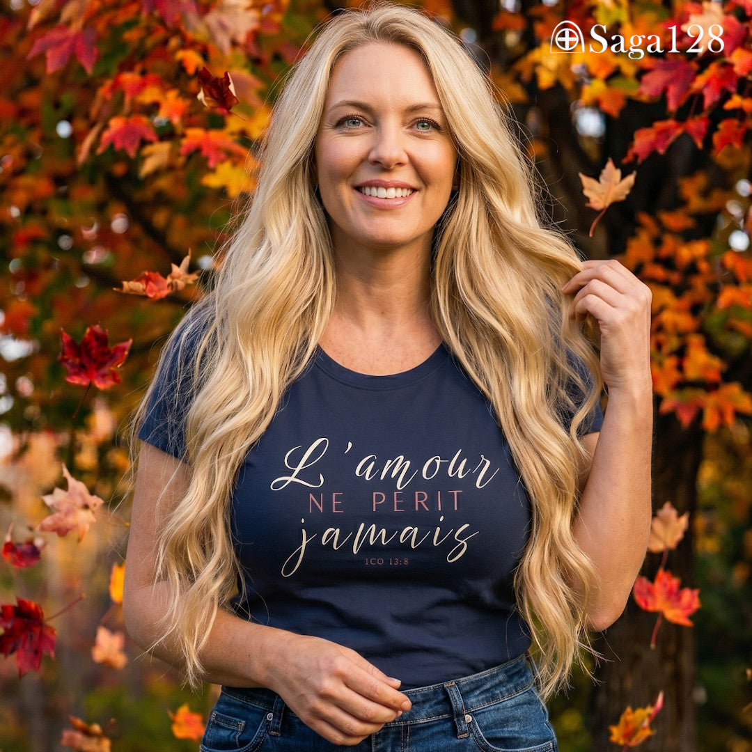 Mulher com camiseta feminina cristã na cor azul com o texto de 1Coríntios 13.8 em francês, corte feminino | Saga128