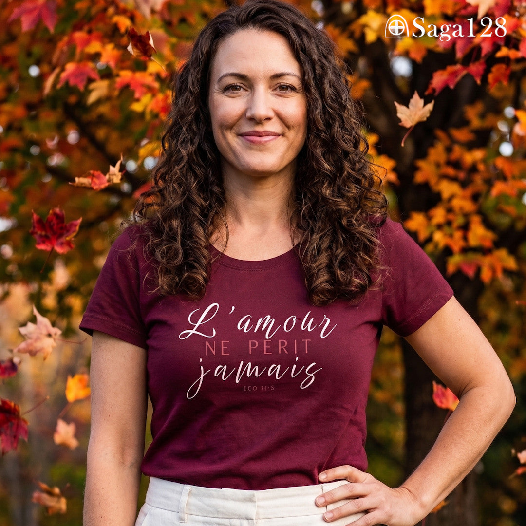 Mulher com camiseta feminina cristã na cor vinho bordô com o texto de 1Coríntios 13.8 em francês, corte feminino | Saga128