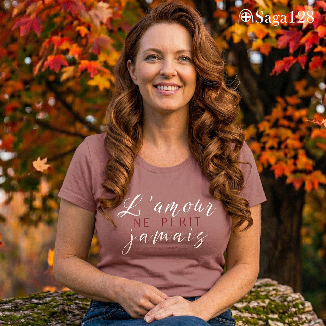 Mulher com camiseta feminina cristã na cor rosa com o texto de 1Coríntios 13.8 em francês, corte feminino | Saga128