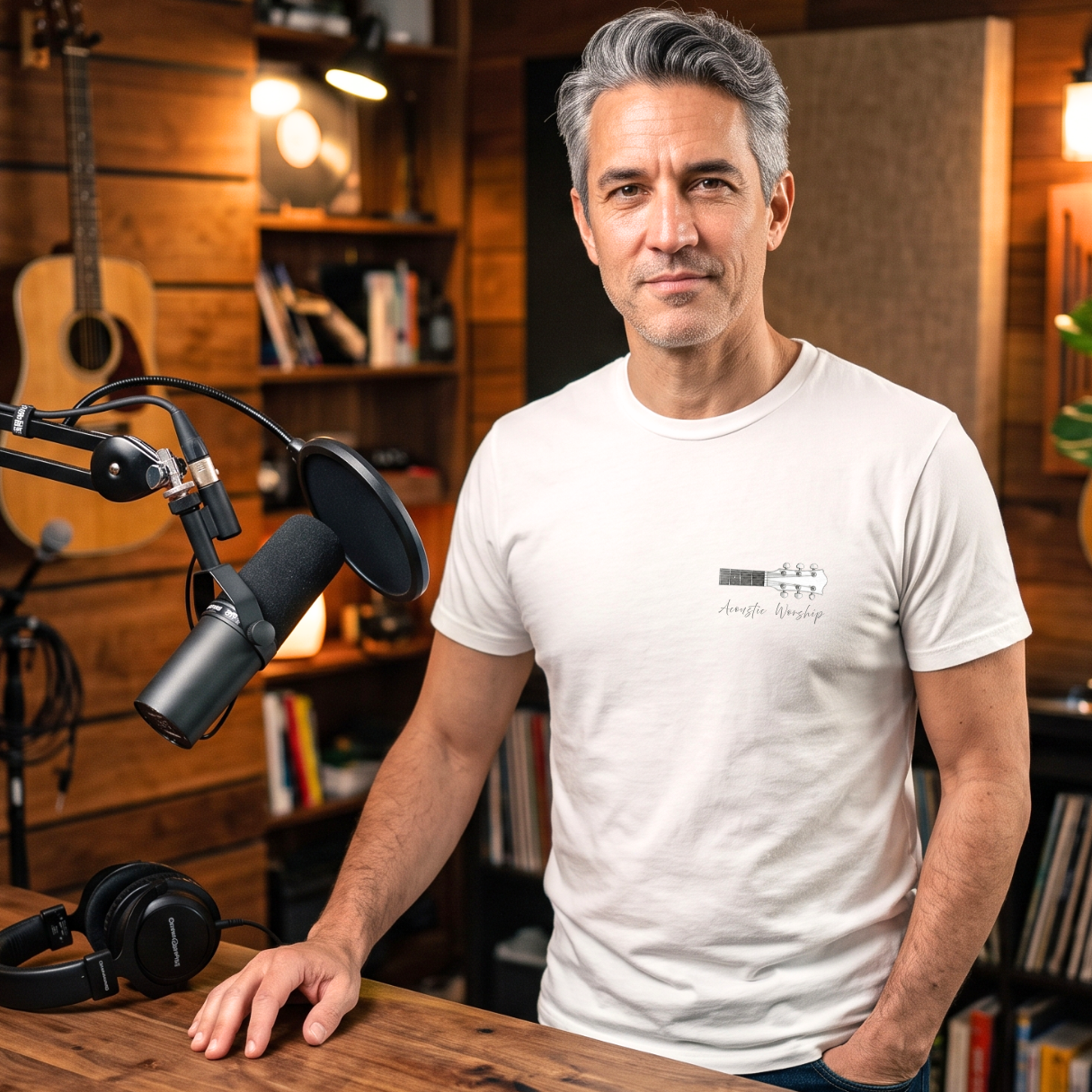 Homem com camiseta branca da Saga128 para quem gosta de louvor acústico.