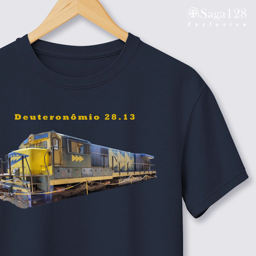 Camiseta Exclusive cristã azul Dt 28.13 em algodão peruano Tanguis com fotografia de locomotiva
