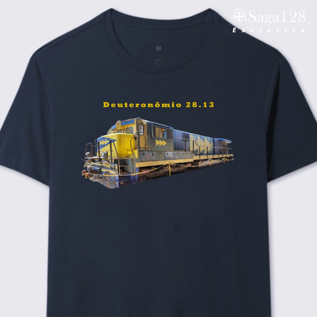 Camiseta Exclusive cristã azul Dt 28.13 em algodão peruano Tanguis com fotografia de locomotiva