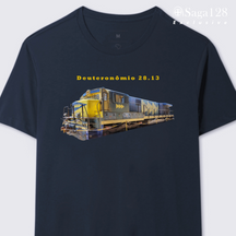 Camiseta Exclusive cristã azul Dt 28.13 em algodão peruano Tanguis com fotografia de locomotiva