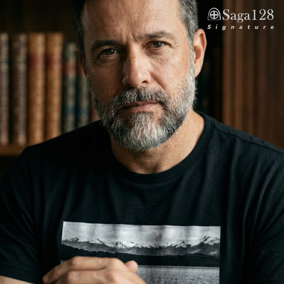 Homem vestindo camiseta masculina preta da linha Signature com estampa fotográfica autoral artística com tema "Montanhas"