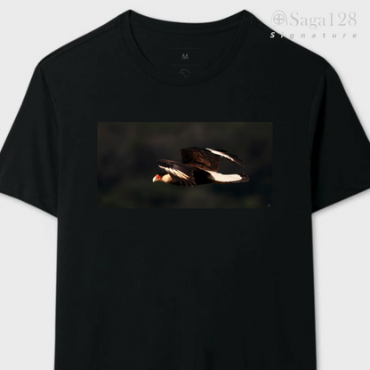 Camiseta masculina preta da linha Signature aberta com estampa fotográfica autoral artística de um gavião-carcará em pleno vôo.
