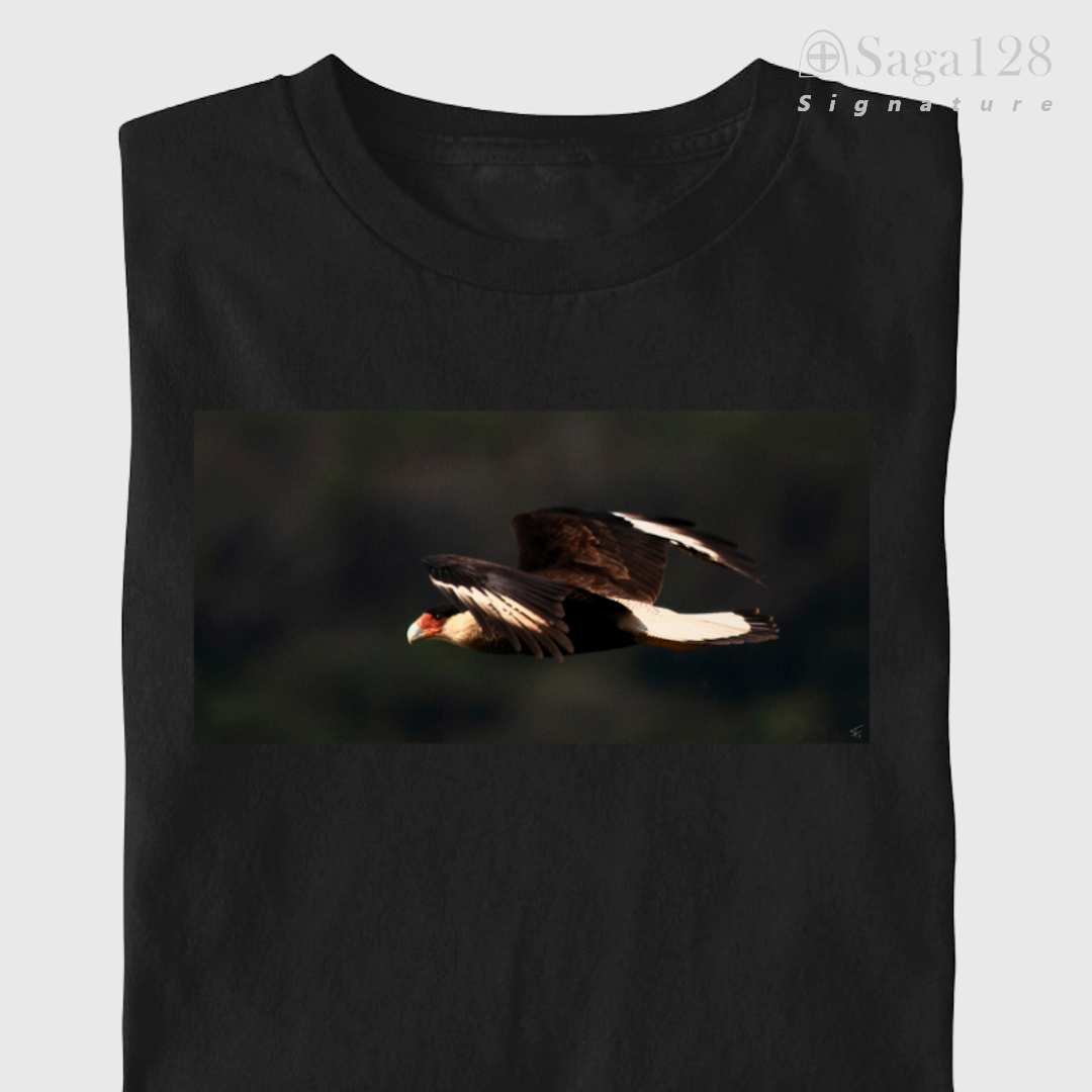 Camiseta masculina preta da linha Signature dobrada com estampa fotográfica autoral artística de um gavião-carcará em pleno vôo.