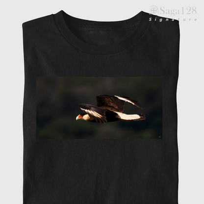 Camiseta masculina preta da linha Signature dobrada com estampa fotográfica autoral artística de um gavião-carcará em pleno vôo.