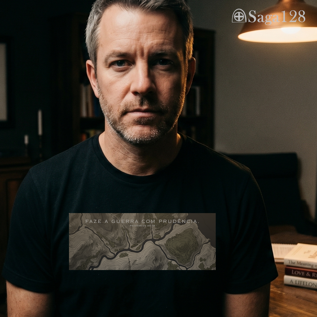 Homem com camiseta cristã preta da Saga128 inspirada em Provérbios 20.18 com estampa sobre guerra e prudência.