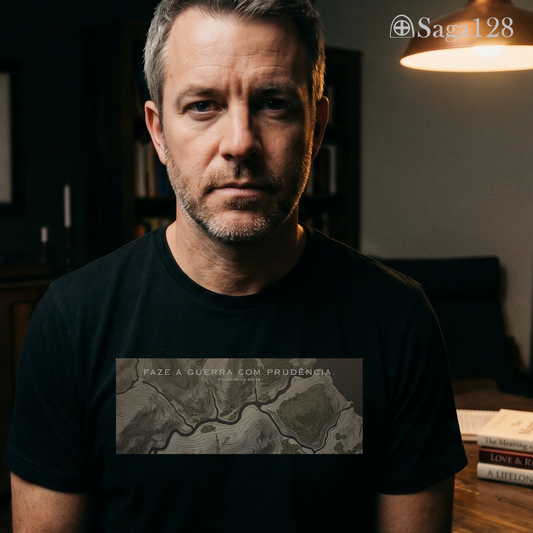 Homem com camiseta cristã preta da Saga128 inspirada em Provérbios 20.18 com estampa sobre guerra e prudência.