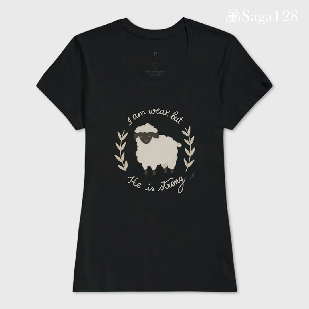 Camiseta cristã feminina preta com estampa de ovelha inspirada em Jesus como o Bom Pastor | Saga128